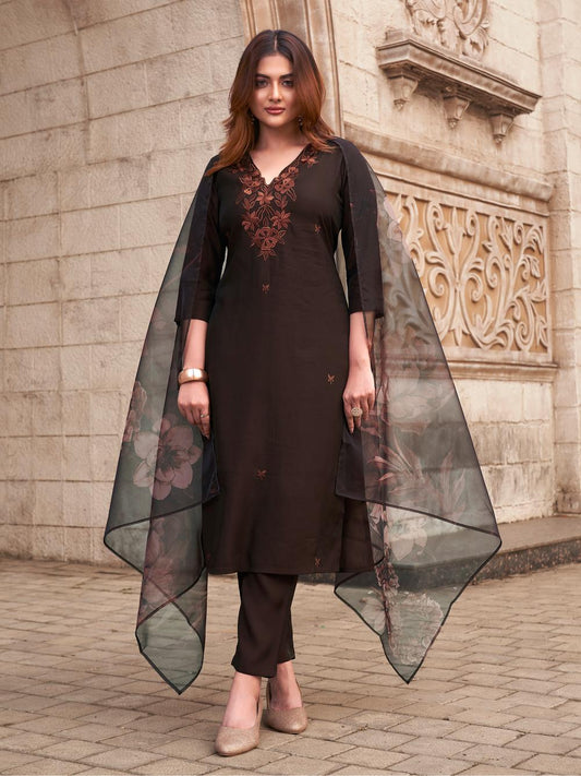 Dhiyona TI Women's Brown Kurta and Pant with Printed Dupatta