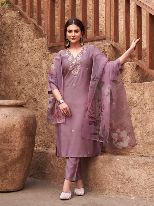 Dhiyona TI Women's Women Mauve Silk Blend Embroidered Kurta with Pant and Dupatta
