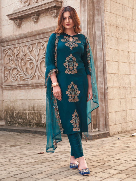 Dhiyona TI Women's Women Teal Cotton Blend Embroidered Kurta with Pant and Dupatta