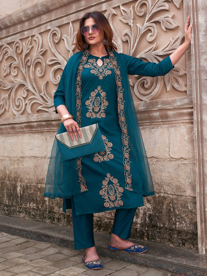 Dhiyona TI Women's Women Teal Cotton Blend Embroidered Kurta with Pant and Dupatta