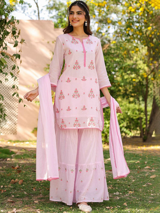 Dhiyona SC Women Ethnic Motifs Embroidered Thread Work Cotton Kurti with Sharara & Dupatta