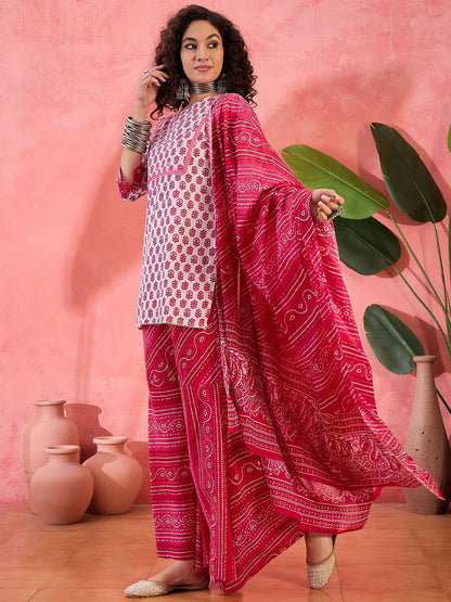 Dhiyona SN Women's Floral Printed Round Neck Pure Cotton Straight Kurti With Sharara & Dupatta