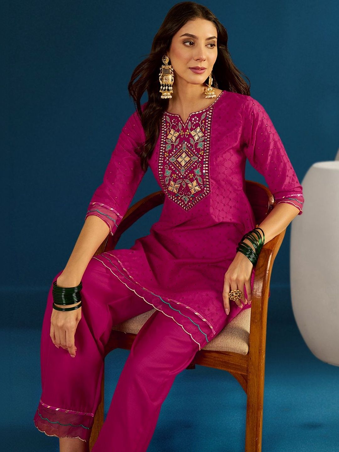 Dhiyona CH Women Ethnic Motifs Embroidered Regular Thread Work Kurta with Trousers