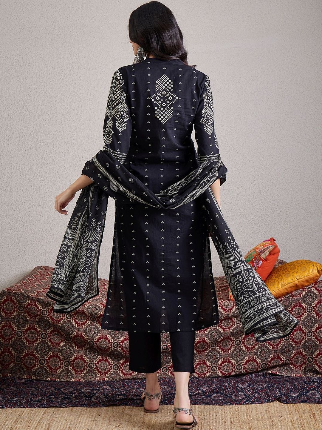 Women Bandhani Printed Cotton Kurta with Trousers & Dupatta