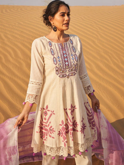 Geometric Printed Mirror Work A-Line Pure Cotton Kurta With Trousers & Dupatta