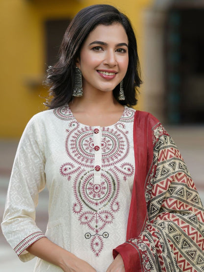 Dhiyona RR Women's Embroidered Regular Sequinned Cotton Kurta with Trousers & Dupatta