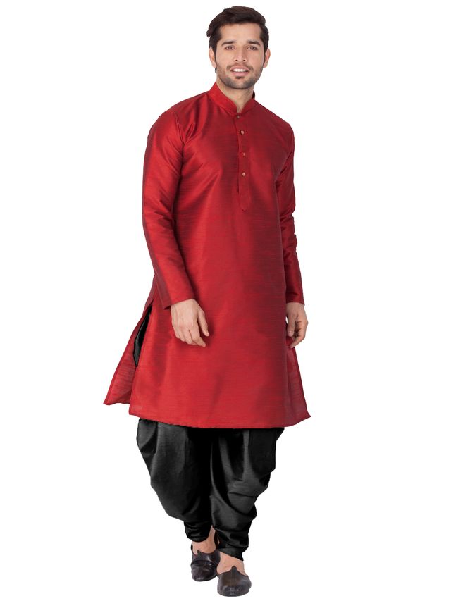 Men's Maroon Silk Blend Straight Kurta and Dhoti Set