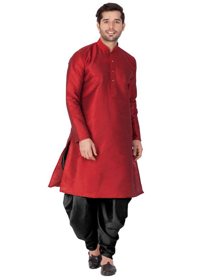 Men's Maroon Silk Blend Straight Kurta and Dhoti Set