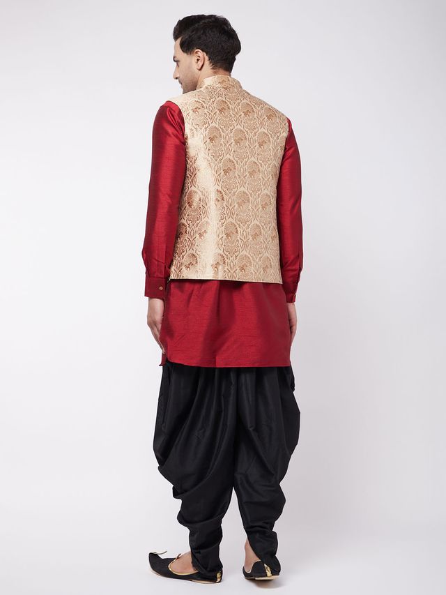 Men's Maroon Silk Blend Straight Jacket  Kurta and Dhoti Set