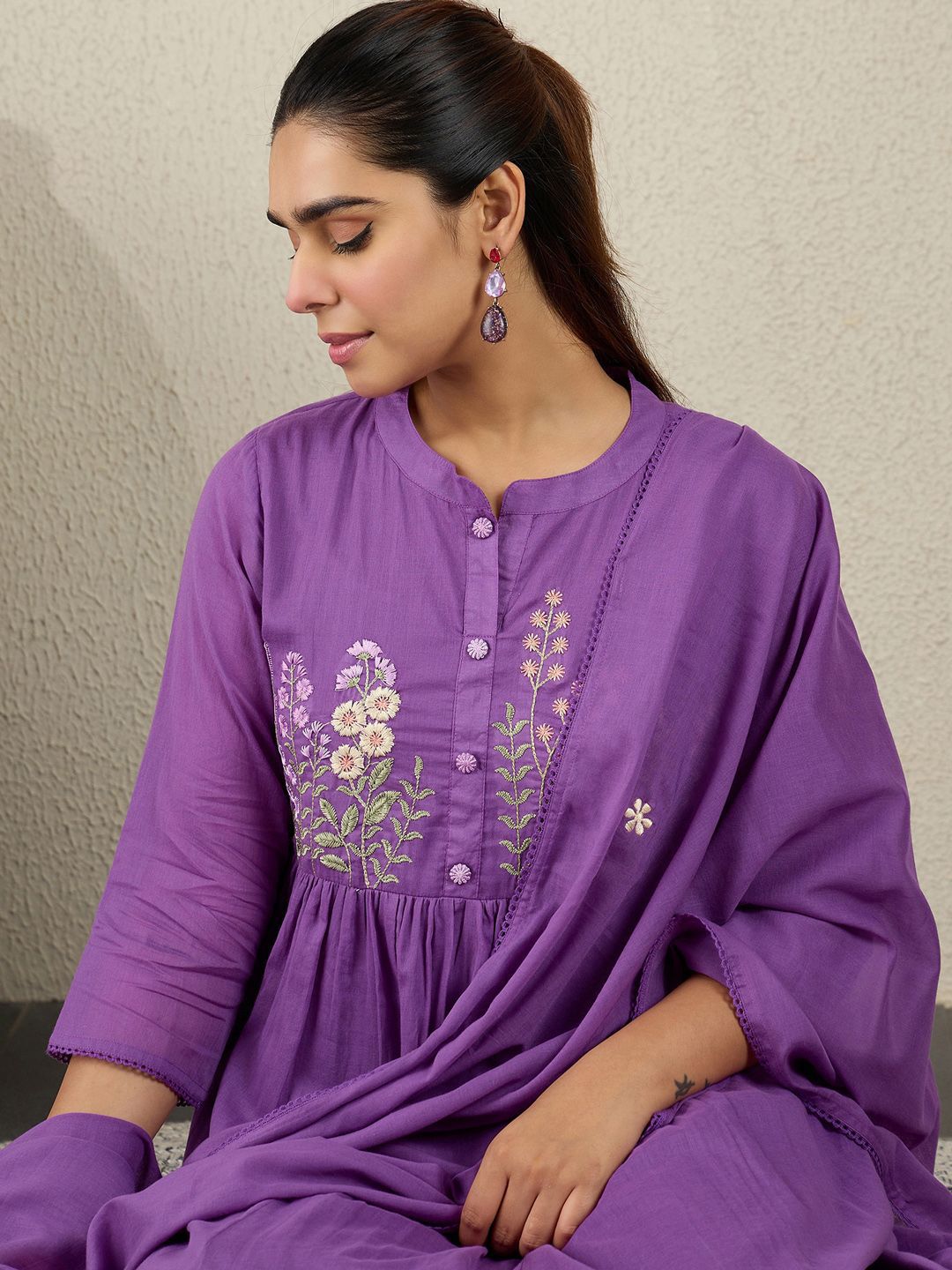 Floral Embroidered Anarkali Thread Work Pure Cotton Kurta With Trousers & Dupatta