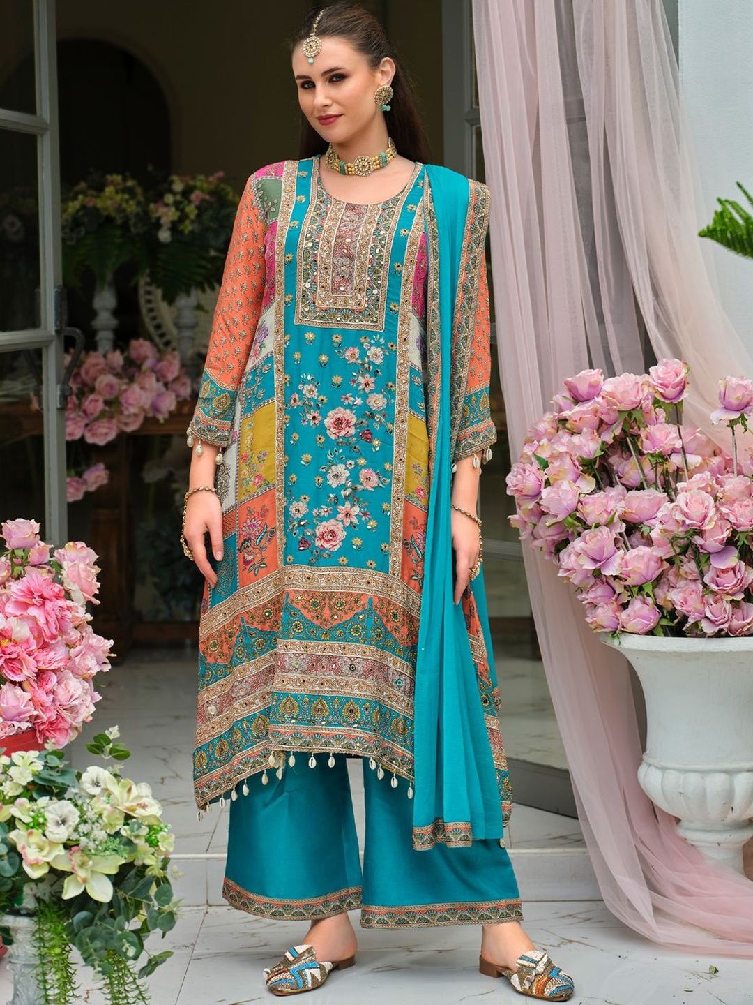 Women Floral Print Mirror Work Pure Silk Kurta with Palazzos & Dupatta