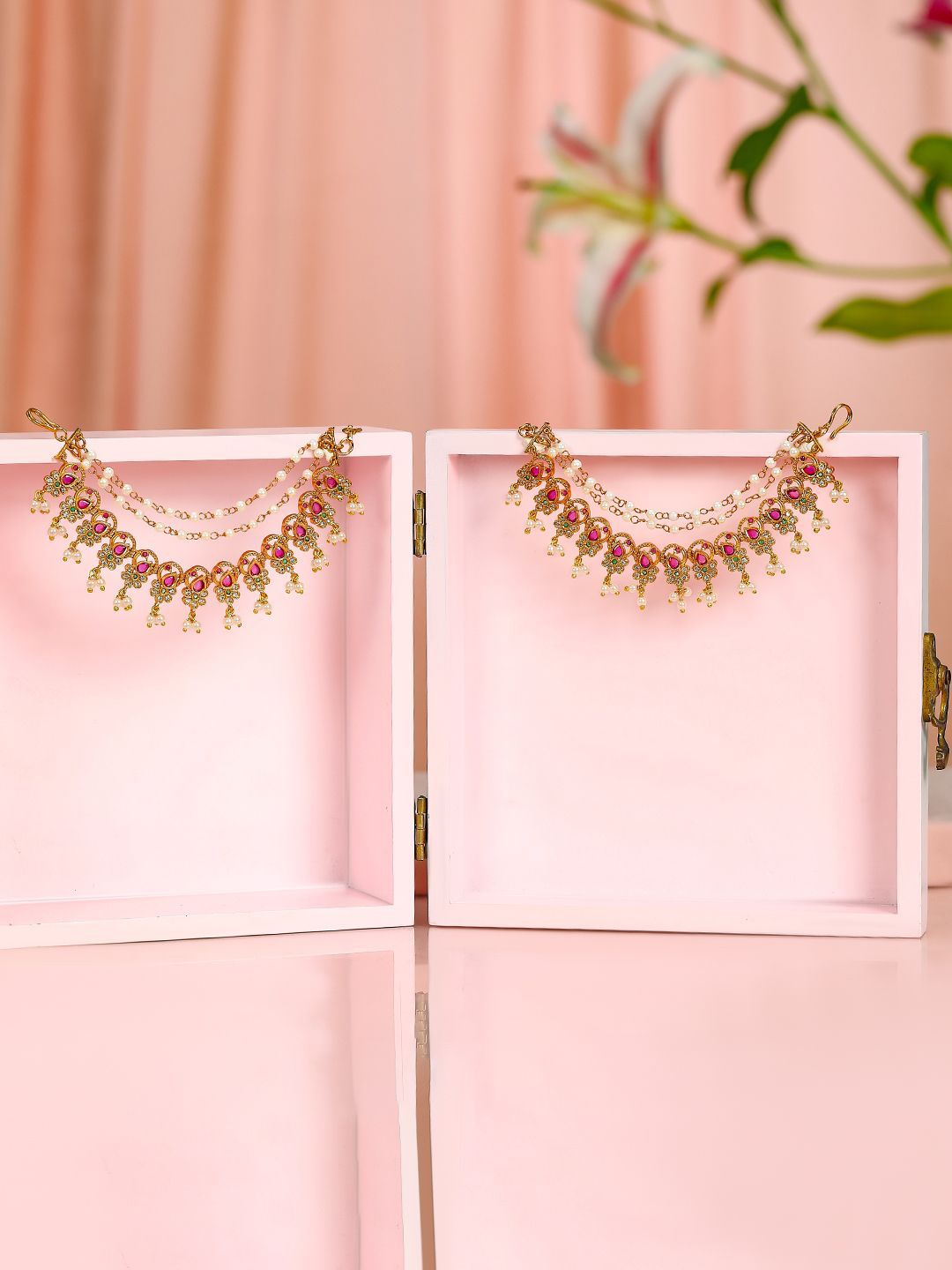 Dhiyona RJ Women's 22K Gold Plated Ruby & Pearl Studded Ear Chain with Delicate Layered Design