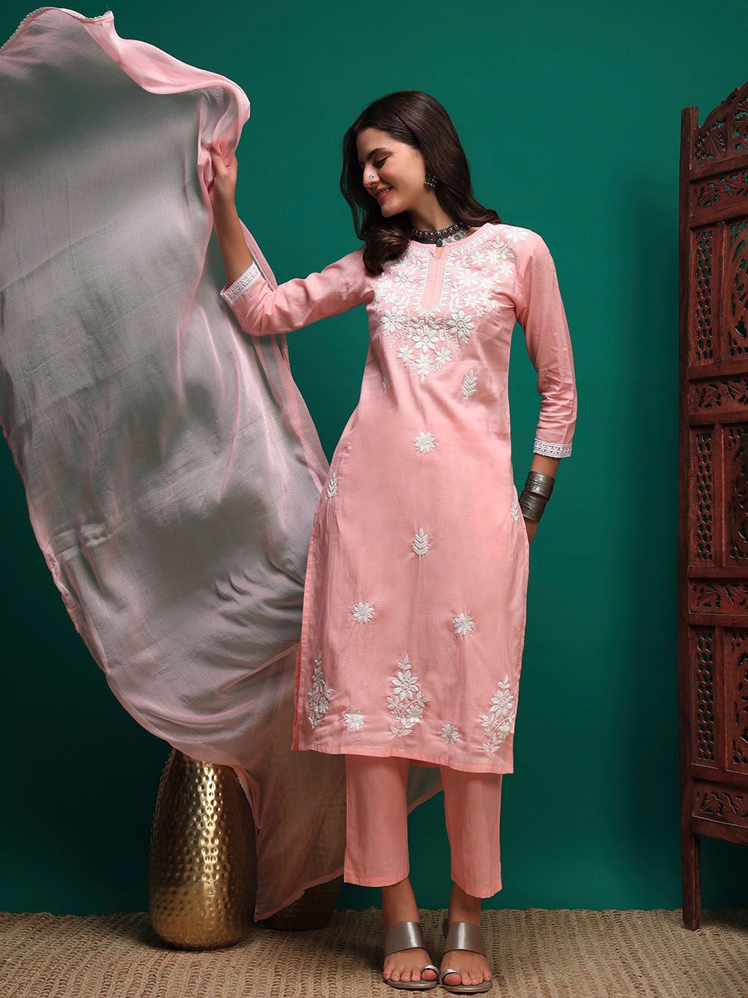 Dhiyona SN Women's Floral Embroidered Cotton Kurta with Trousers & Dupatta