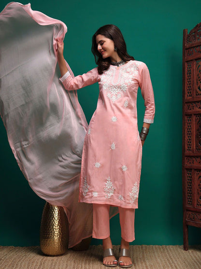 Dhiyona SN Women's Floral Embroidered Cotton Kurta with Trousers & Dupatta
