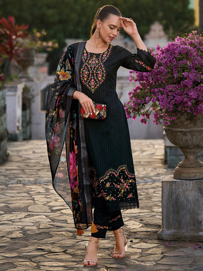 Dhiyona IE Floral Embroidered Regular Thread Work Pure Cotton Kurta With Trousers & Dupatta