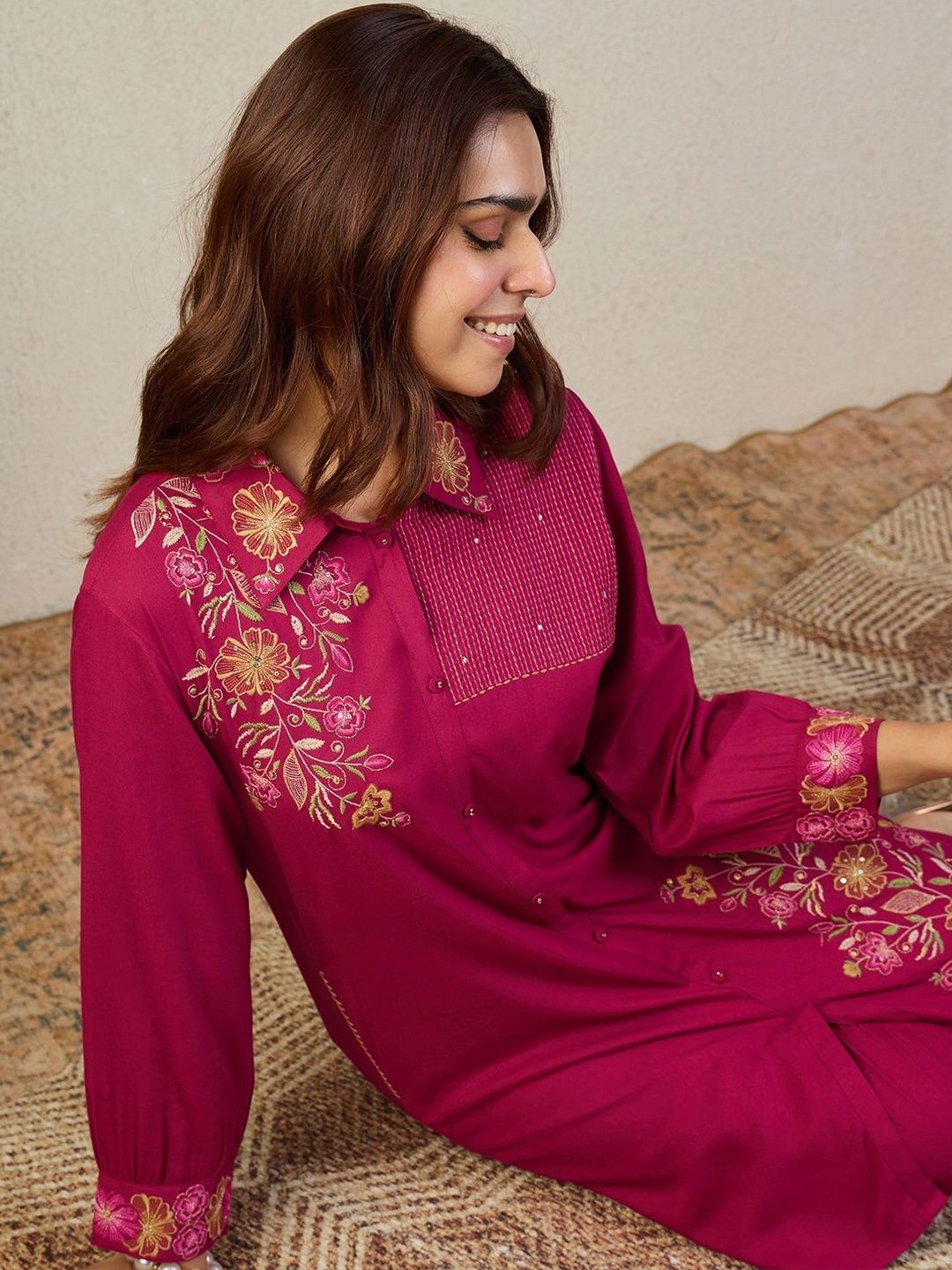 Floral Embroidered Shirt Collar Thread Work Pure Cotton Kurta With Trousers