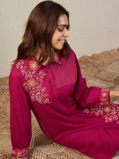 Floral Embroidered Shirt Collar Thread Work Pure Cotton Kurta With Trousers