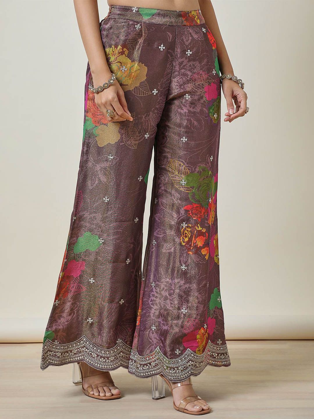 Dhiyona SO Women's Floral Printed V Neck Sequinned Tissue A Line Kurti with Palazzos & Dupatta