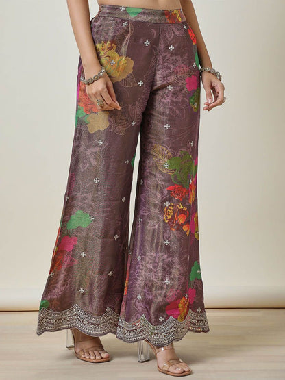 Dhiyona SO Women's Floral Printed V Neck Sequinned Tissue A Line Kurti with Palazzos & Dupatta