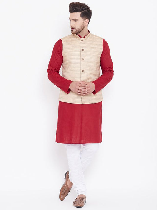 Men's Maroon Cotton Blend Straight Jacket  Kurta and Pyjama Set