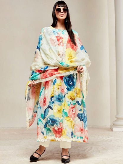 Dhiyona IE Women Floral Embroidered Empire Thread Work Kurta with Trousers & With Dupatta