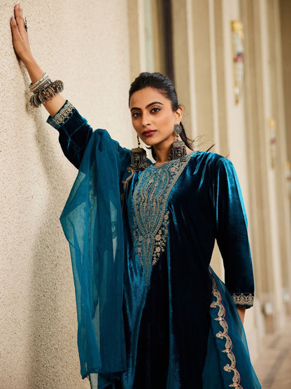 Women Ethnic Motifs Embroidered Regular Velvet Kurta with Trousers & Dupatta