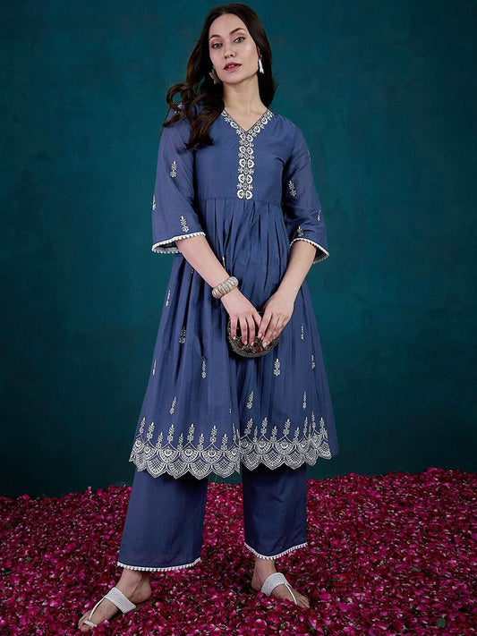Dhiyona SN Women's Floral Embroidered V Neck Sequinned Pure Cotton Anarkali Kurta & Trousers