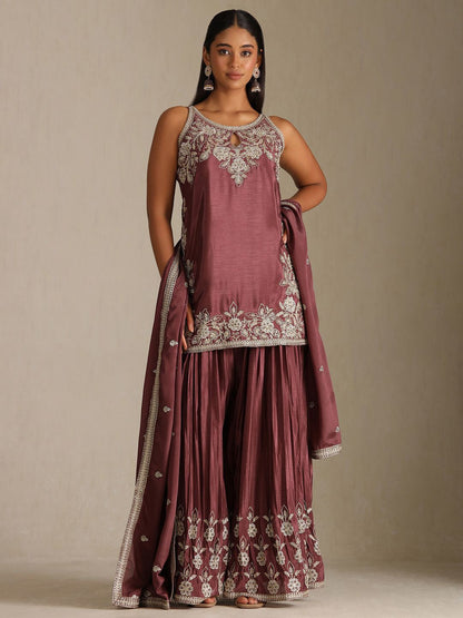 Dhiyona SO Women's Floral Embroidered Chinon Shoulder Straps Straight Kurta with Palazzos & Dupatta