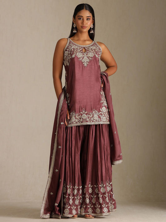 Dhiyona SO Women's Floral Embroidered Chinon Shoulder Straps Straight Kurta with Palazzos & Dupatta