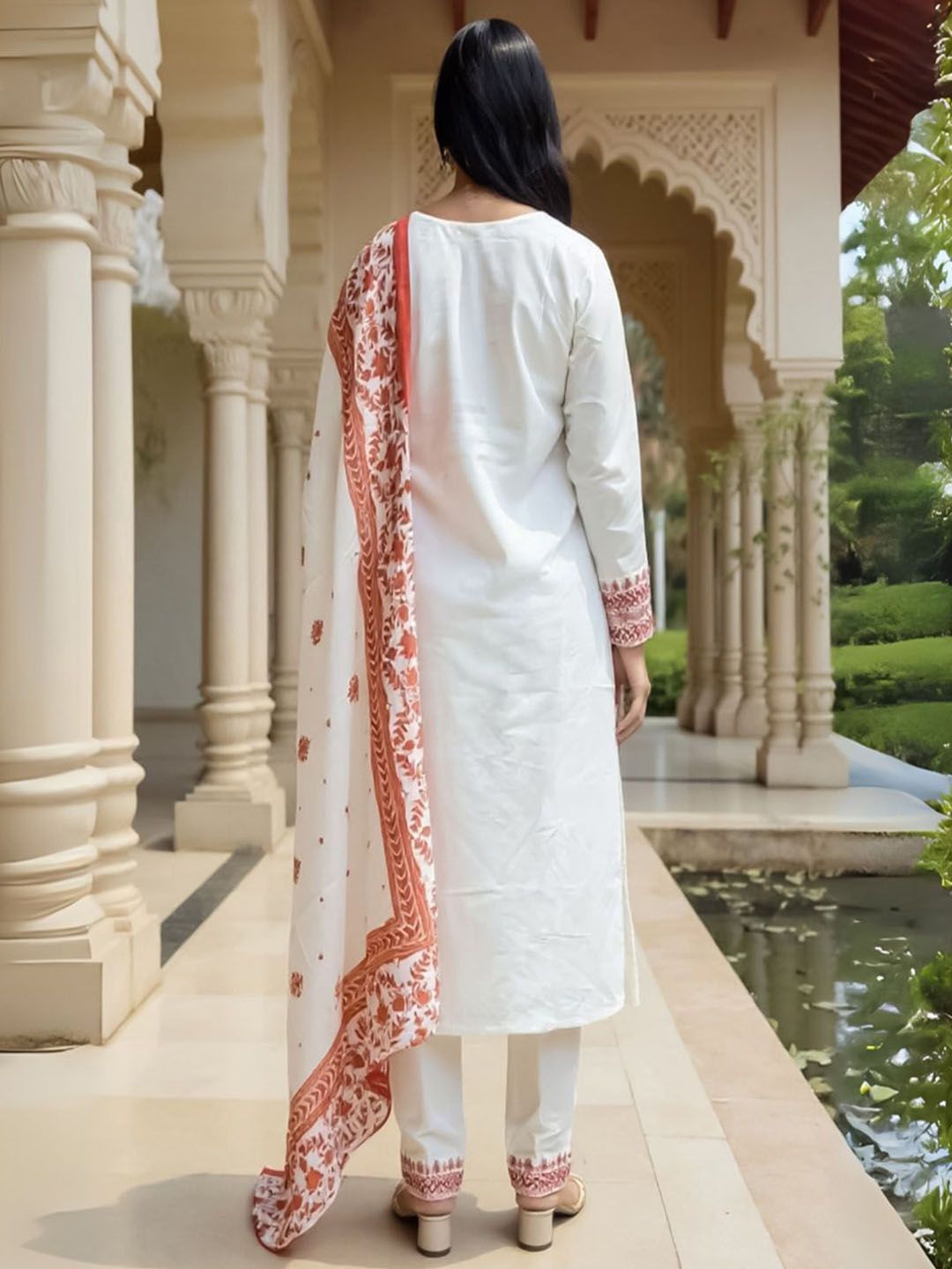 Floral Embroidered Pure Cotton Kurta With Trousers & Dupatta