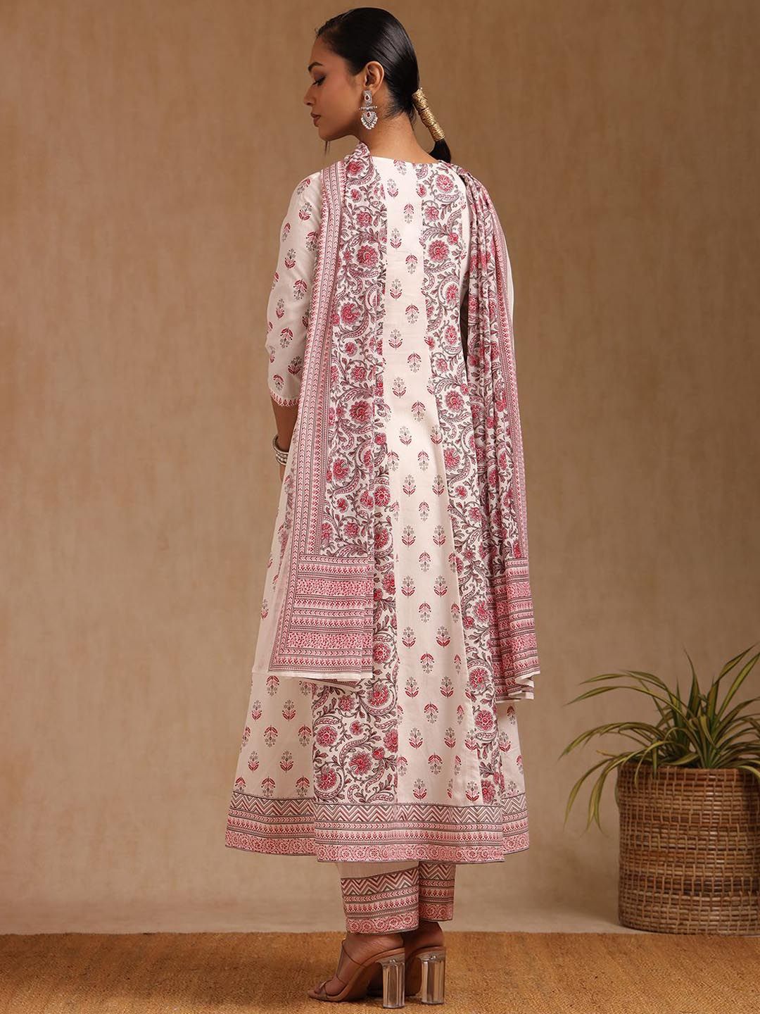 Dhiyona SO Women's Floral Printed Mirror Work Anarkali Kurta with Trouser & Dupatta