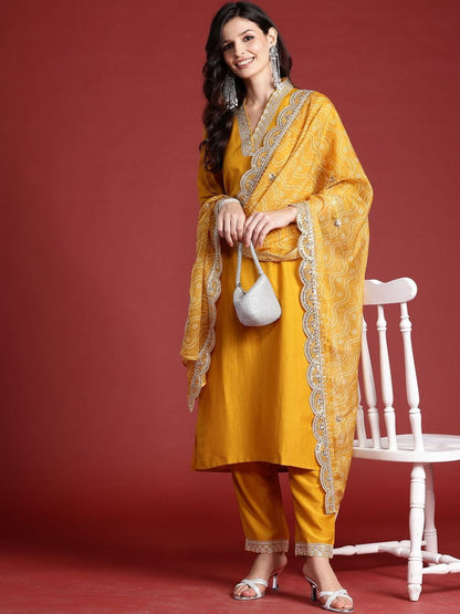 Women Ethnic Motifs Embroidered Regular Gotta Patti Kurta with Trousers & With Dupatta