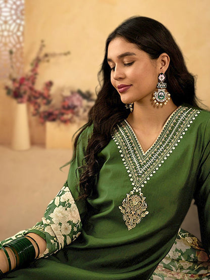 Dhiyona SN Women's Floral Yoke Design V-Neck Mirror Work Straight Kurta With Trouser & Dupatta