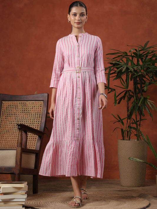 Dhiyona AY Women's Striped Jacquard Mandarin Collar Maxi Dress With Belt