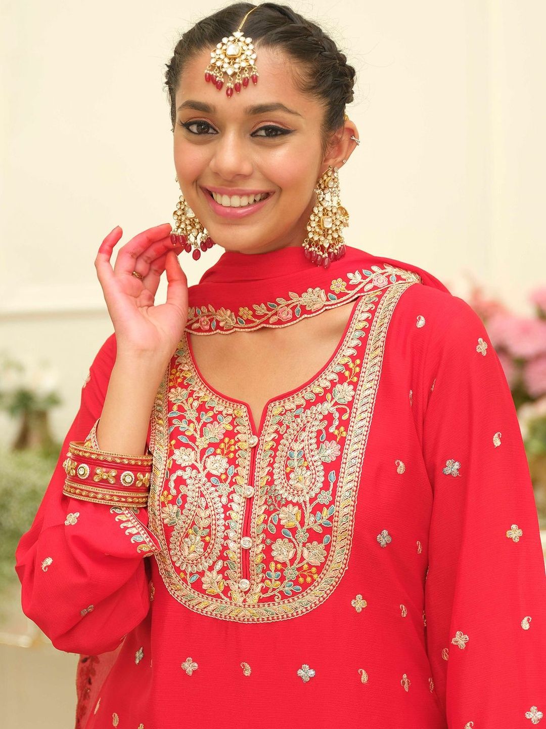 Paisley Embroidered Sweetheart Neck Straight Zari Kurta With Palazzos & Dupatta