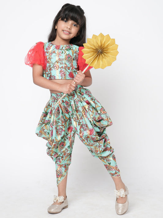 Golden Weaves  Blue Crop Top with Dhoti Girls Co-ordinate set