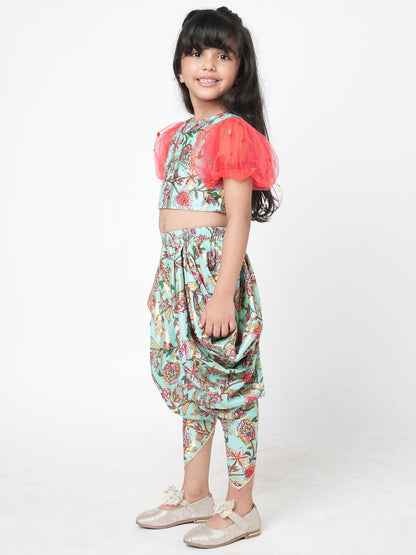 Golden Weaves  Blue Crop Top with Dhoti Girls Co-ordinate set
