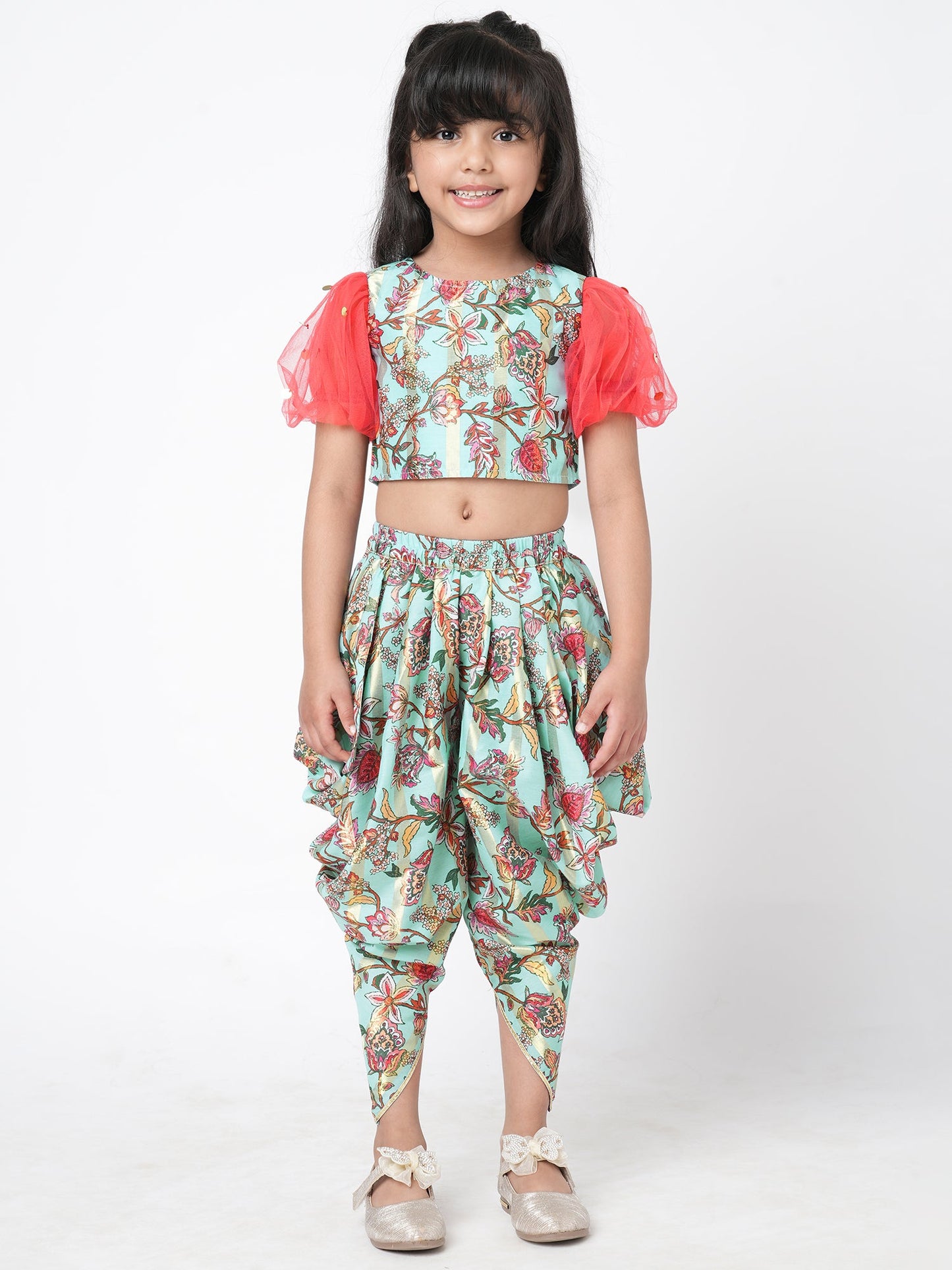 Golden Weaves  Blue Crop Top with Dhoti Girls Co-ordinate set