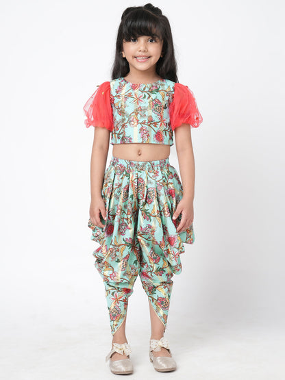 Golden Weaves  Blue Crop Top with Dhoti Girls Co-ordinate set
