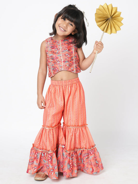 Golden Weaves Orange Crop Top with Palazzo Girls Co-ordinate set