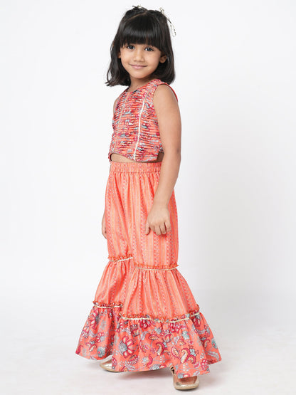 Golden Weaves Orange Crop Top with Palazzo Girls Co-ordinate set