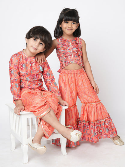 Golden Weaves Orange Crop Top with Palazzo Girls Co-ordinate set