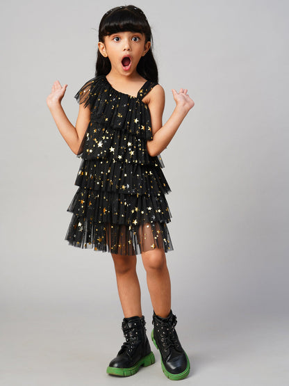 Glam Up Girls Black Tiered Shimmer  Party Dress