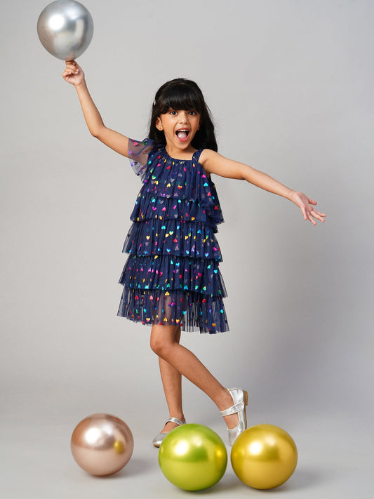 Glam Up Girls Navy Tiered Shimmer Party Dress