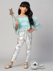 Glam Up Girls Shimmer Blue Party Top with Pant set for Girls