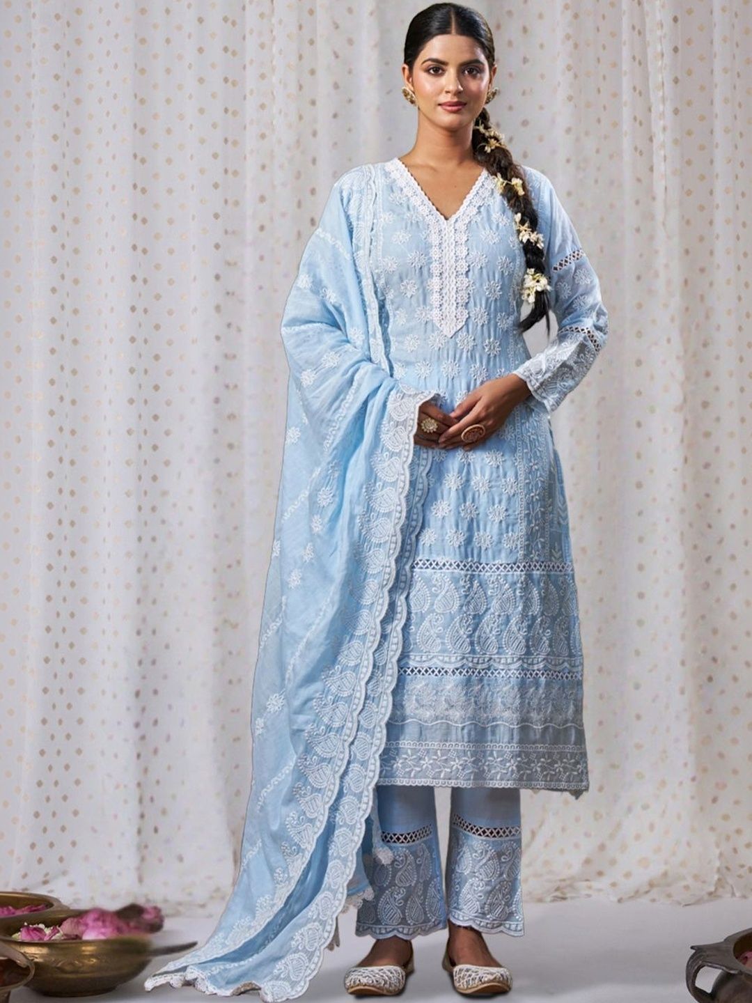 Women Ethnic Motifs Embroidered Regular Thread Work Pure Cotton Kurta with Trousers & With Dupatta
