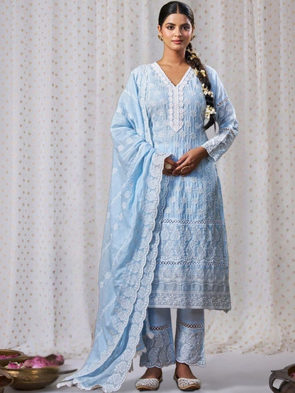 Women Ethnic Motifs Embroidered Regular Thread Work Pure Cotton Kurta with Trousers & With Dupatta