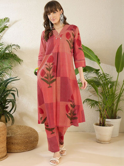 Dhiyona IE Printed V-Neck Three-Quarter Sleeves Pure Cotton Tunic And Trousers