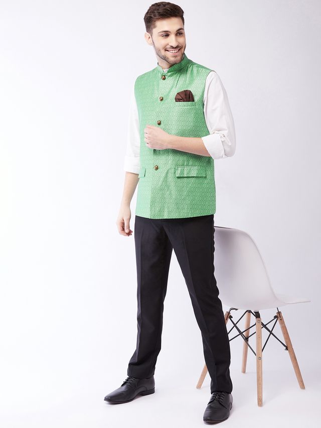 Men's Green Silk Blend Straight Nehru Jacket