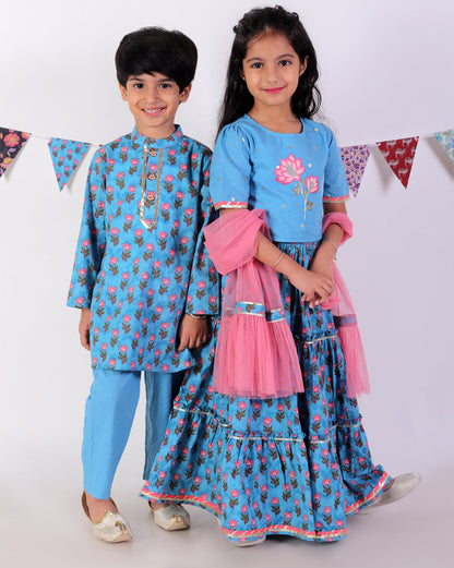Jaipur Girls Blue Cotton Lehanga and Choli with Dupata Ethnic Set